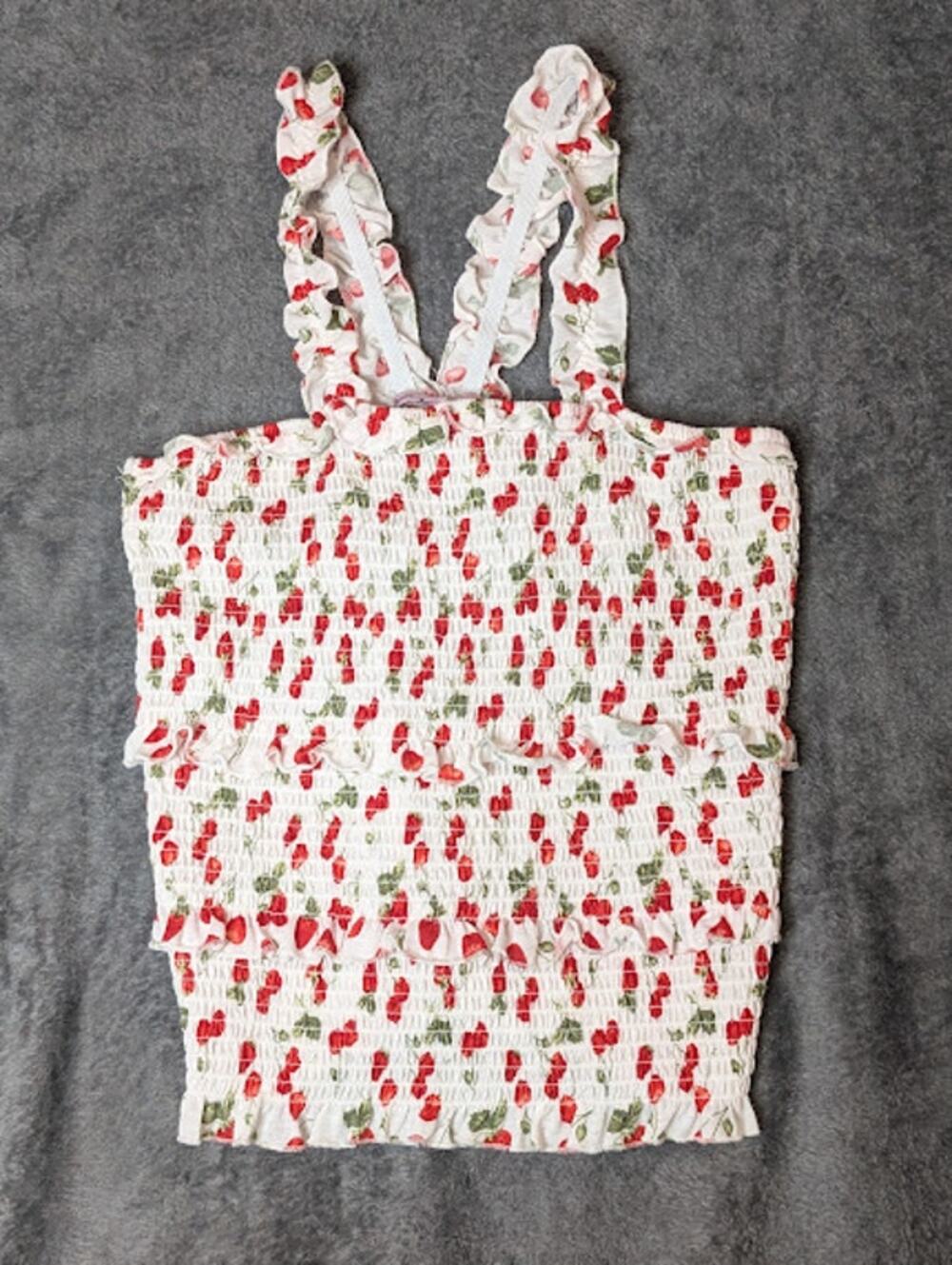 CRAVE FAME: juniors Large printed tiered smocked tank top white/red Cherries
